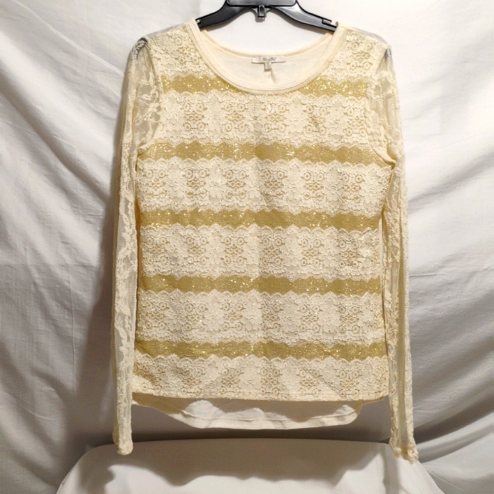 (BX29) Miss Me Gold Shimmer Striped Lace Lined Shirt Sz.M Worn 1X